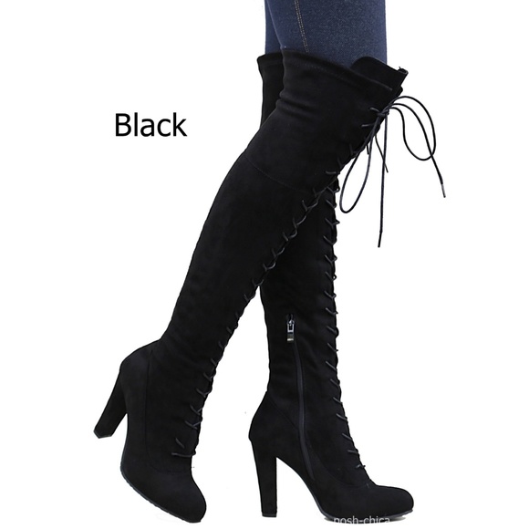 Black Stretchy Lace Up Over Knee Combat Heel Boots - Picture 2 of 6